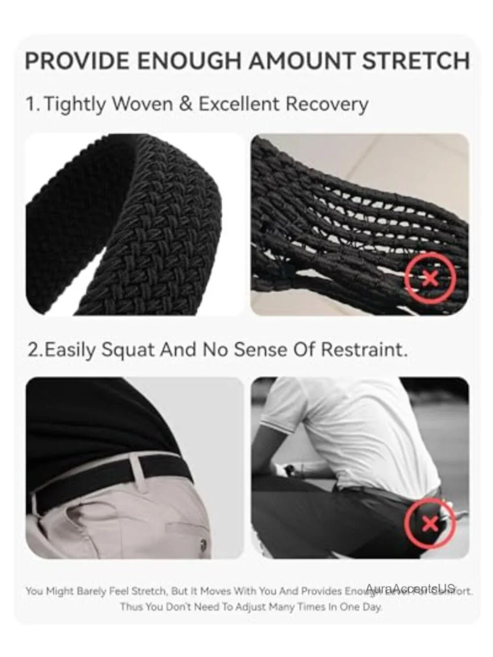 Men's Stretch Golf Belt, Elastic No-Hole Braided Nylon, Breathable Casual Belt